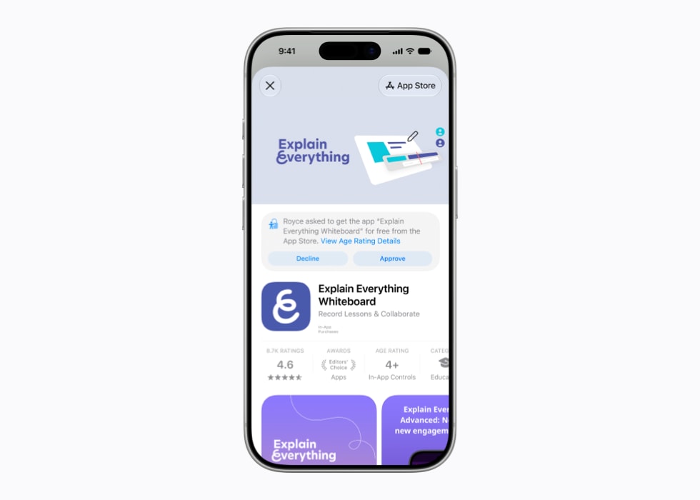 Pantalla de un iPhone 17 Pro que muestra una solicitud de Pedir la Compra para la app Explain Everything Whiteboard en el App Store.