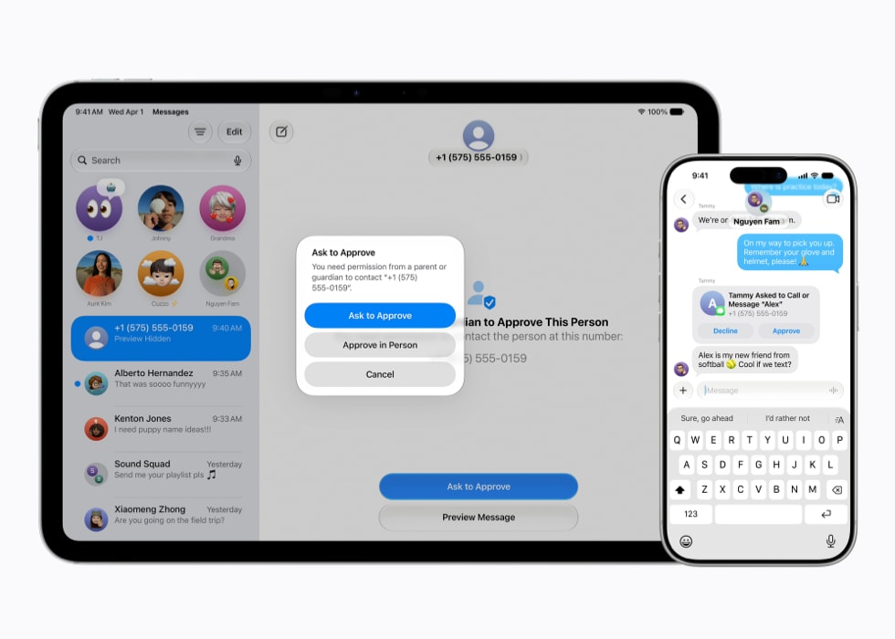 Un iPad Pro de 11 pulgadas muestra pedido de aprobación en Mensajes y, junto a él, un iPhone 17 Pro muestra la solicitud de permiso correspondiente, también en Mensajes.