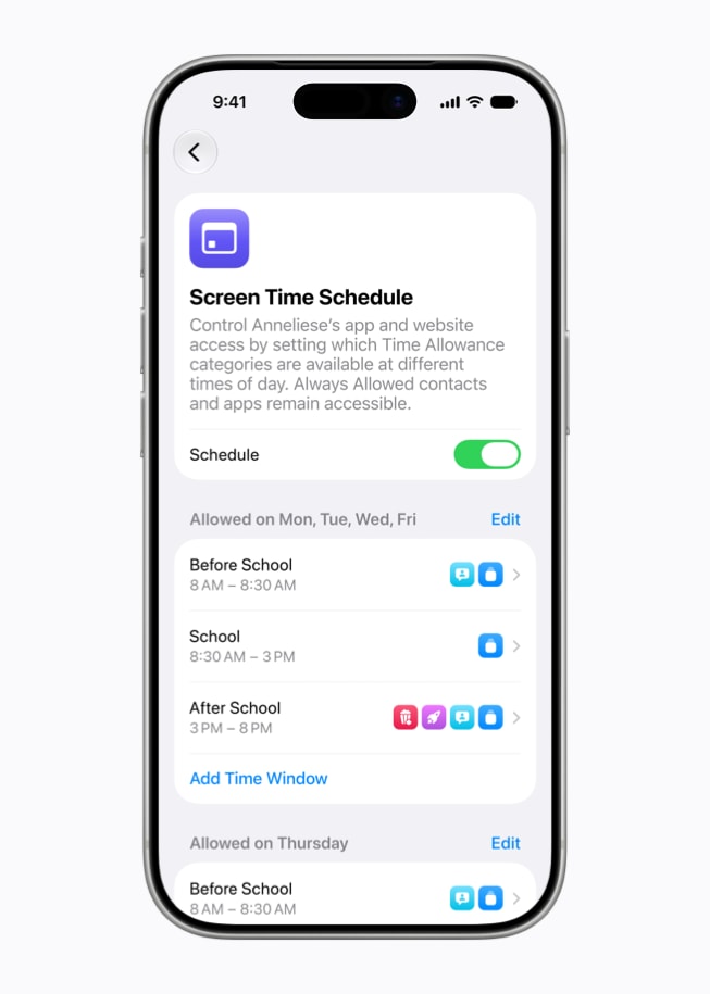 Pantalla de un iPhone 17 Pro que muestra opciones para configurar un Horario de Tiempo en Pantalla.