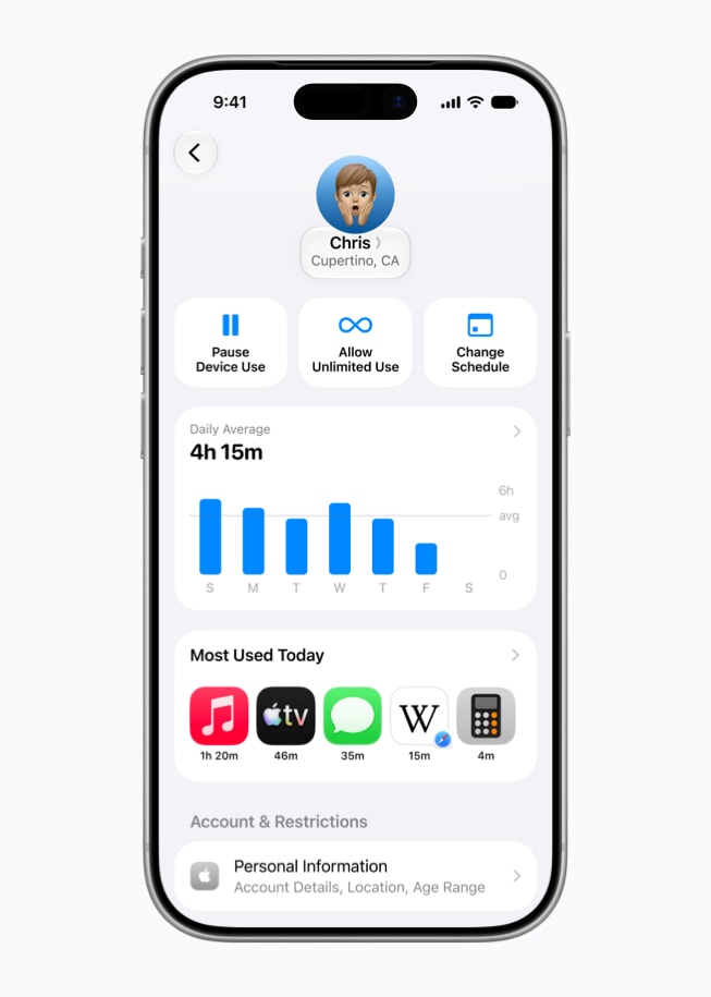 Pantalla de un iPhone 17 Pro que muestra la experiencia rediseñada de Tiempo en Pantalla con el uso promedio diario, las apps más usadas y controles para pausar el dispositivo.