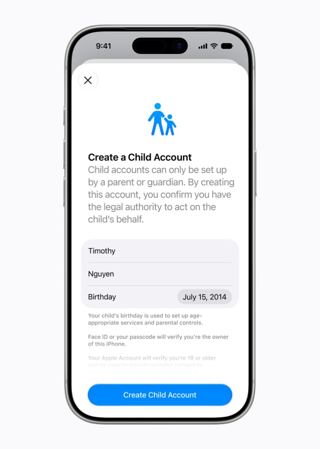 Pantalla de un iPhone 17 Pro que muestra la interfaz de la opción Crear una Cuenta para Niños, con campos para el nombre y la fecha de nacimiento.