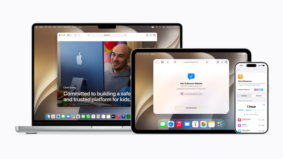 Una MacBook Pro de 14 pulgadas, un iPad Pro de 11 pulgadas y un iPhone 17 Pro dispuestos uno al lado del otro, con varias pantallas relacionadas con la actualización de las funcionalidades de seguridad para menores de Apple.