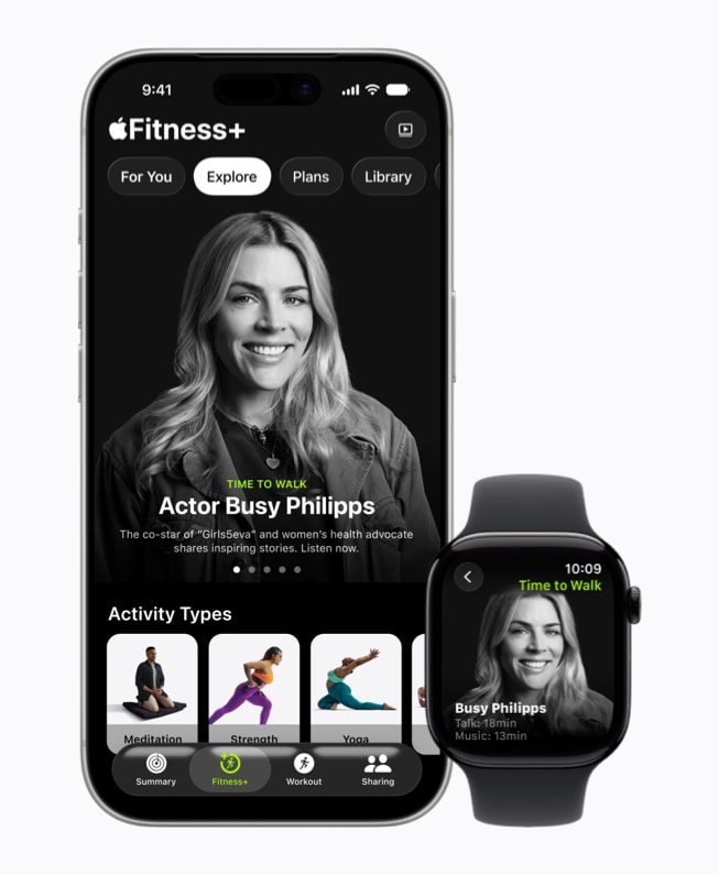 Un iPhone 17 Pro y un Apple Watch muestran el arte gráfico del episodio de Hora de Caminar con la participación de Busy Philipps.
