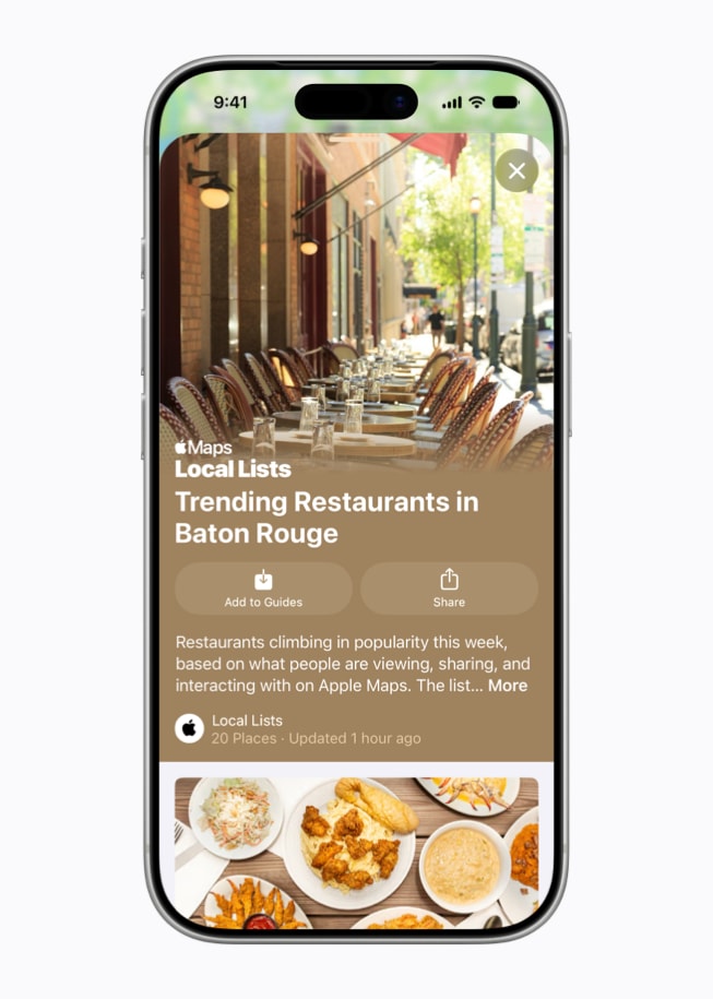 Pantalla de Local Lists en un iPhone 17 Pro que muestra los restaurantes más populares en Baton Rouge.