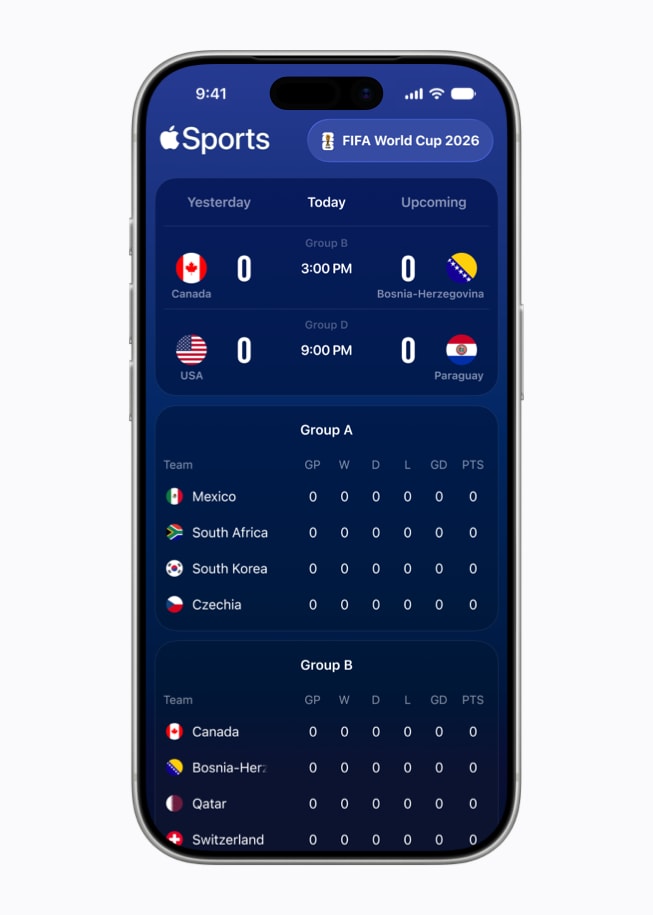 Un iPhone 17 Pro muestra la app Apple Sports, con una lista de los partidos de la Copa Mundial FIFA 2026.