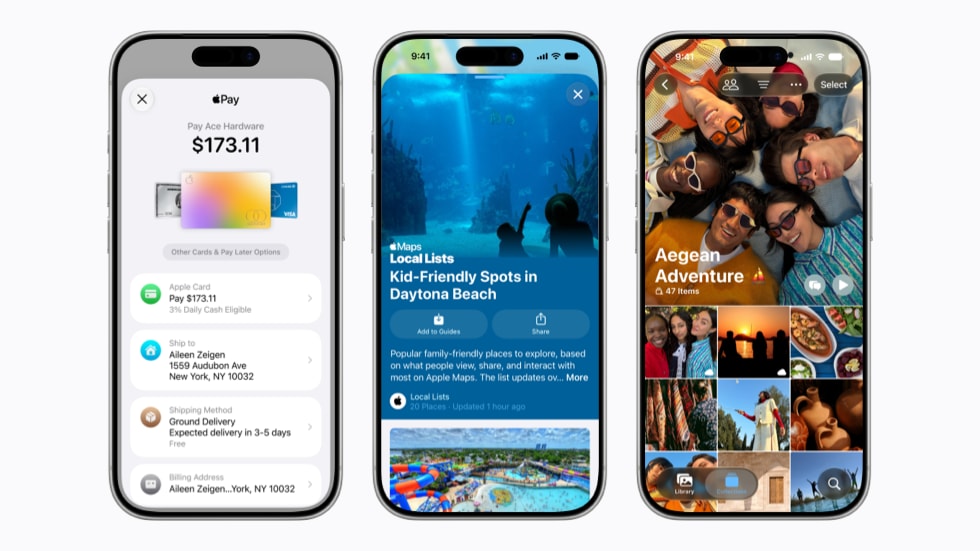 Tres dispositivos iPhone 17 Pro muestran pantallas de distintos servicios de Apple.