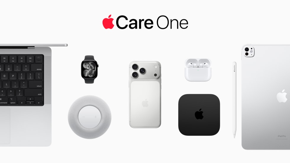 The AppleCare One logo sits above an overhead shot of MacBook, Apple Watch, HomePod, iPhone, AirPods, Apple TV, Apple Pencil, and iPad.