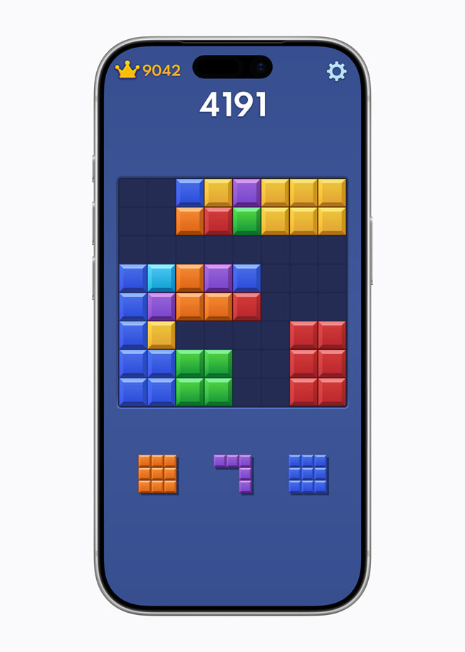 The grid-based puzzle of Block Blast!+ is displayed on iPhone 17 Pro.