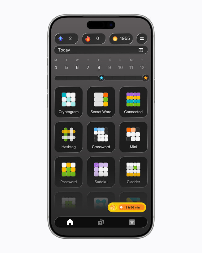 A menu of game types available on Everyday Puzzles: Mini Games+ is displayed on iPhone 17 Pro.