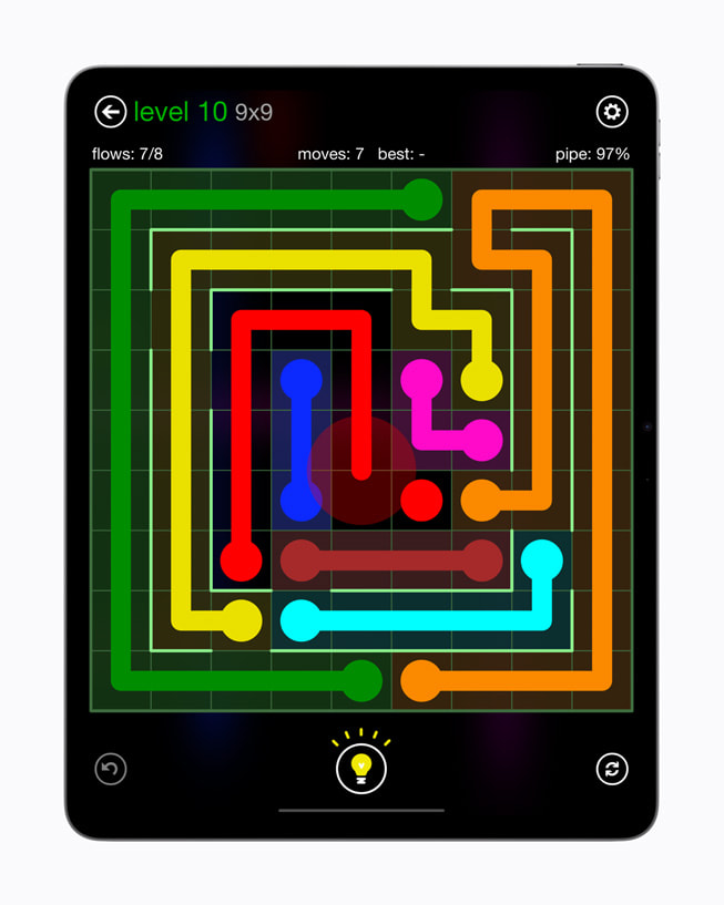 The colorful gameplay of Flow Free+ is displayed on a 13-inch iPad Air.