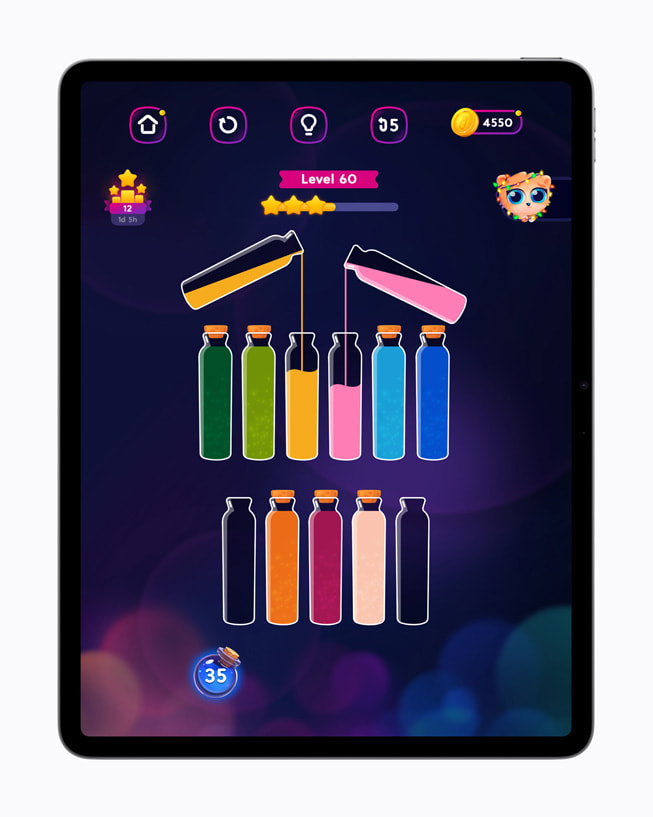 Vials of colored liquid in Water Sort Puzzle: Get Color+ are displayed on a 13-inch iPad Air.