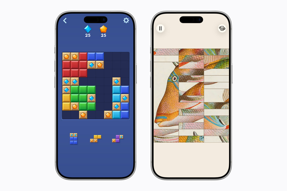 Two iPhone 17 Pro devices are shown side by side, with one displaying a screen from the game Block Blast!+ and the other of Art of Fauna: Cozy Puzzles+.