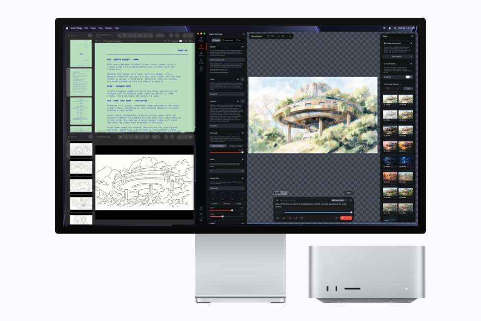 Mac Studio and Studio Display show an image of a treehouse being edited in the Draw Things app.
