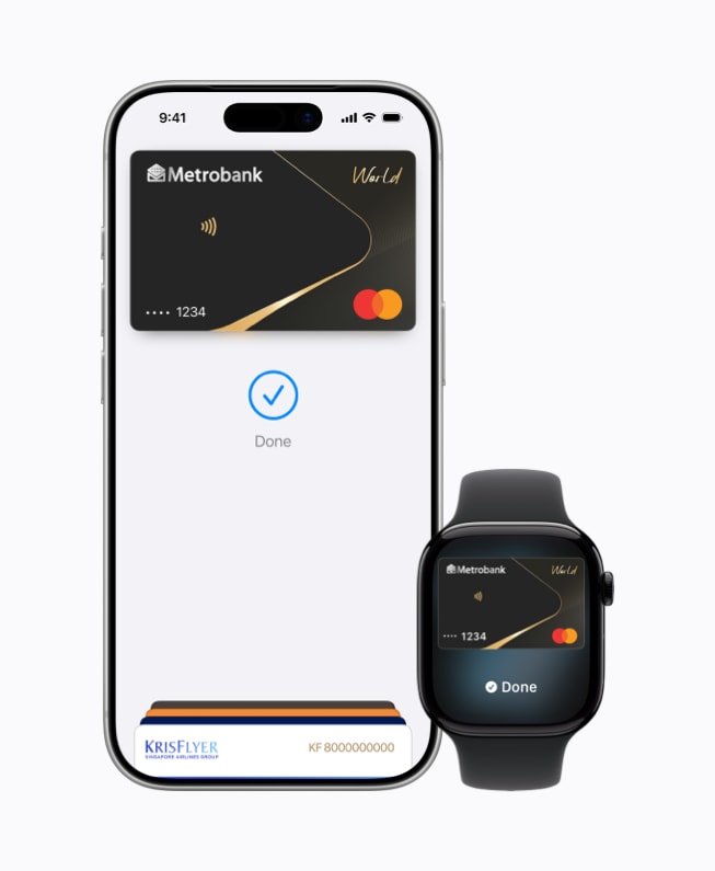 A screen of an Apple Pay transaction using a Metrobank Mastercard is displayed on iPhone 17 Pro and Apple Watch Series 11.