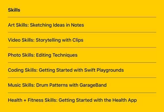 Yeni Today at Apple Keşif etkinliklerinin bir listesi.