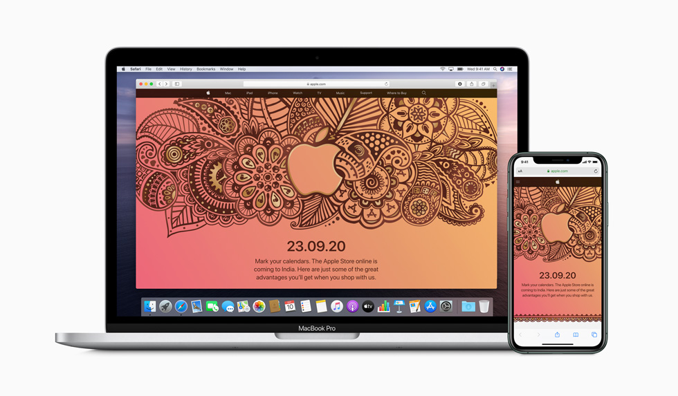 Ett meddelande om lanseringen av Apple Store online visas på MacBook Pro och iPhone 11 Pro.