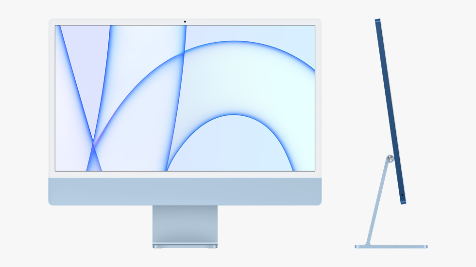 Den helt nye iMac i blå set forfra og fra siden.