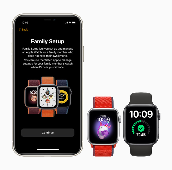 iPhone 11 Pro, Apple Watch SE ve Apple Watch Series 6 ekranlarında Family Setup özelliği görüntüleniyor. 