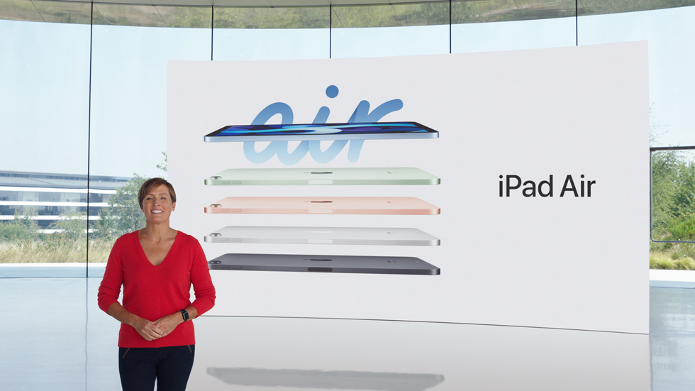 Laura Legros, aralarında gök mavisi, yeşil, roze altın, gümüş ve uzay grisi de bulunan iPad Air renklerini tanıtıyor.