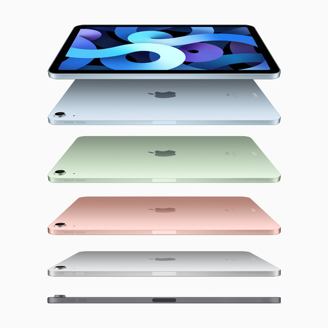 Gök mavisi, yeşil, roze altın, gümüş ve uzay grisi renkleriyle yeni iPad Air’in bir aile fotoğrafı.