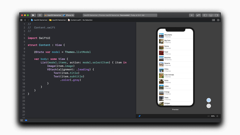 SwiftUI tasarım aracının dizilimi.