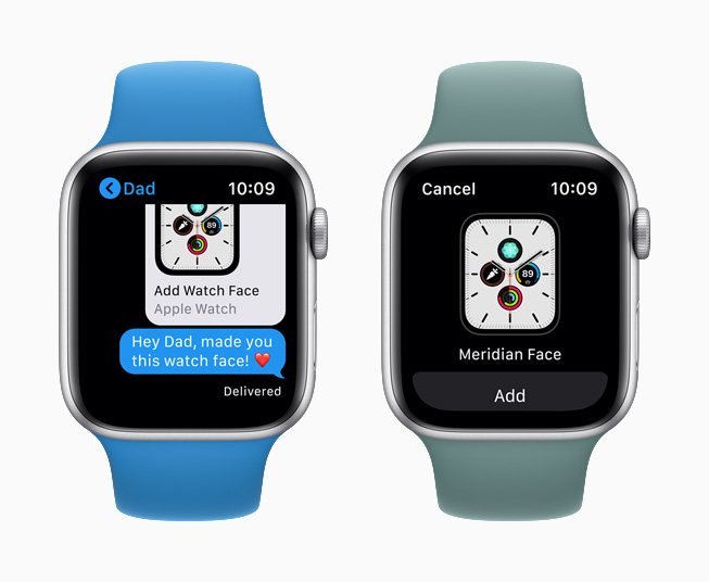 Apple Watch Series 5’te Mesajlar uygulamasında paylaşılan bir saat kadranı görüntüleniyor.