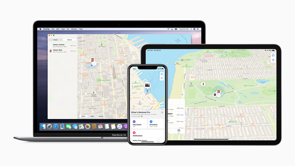MacBook Pro, iPad Pro ve iPhone 11 Pro’da Bul uygulaması görüntüleniyor. 