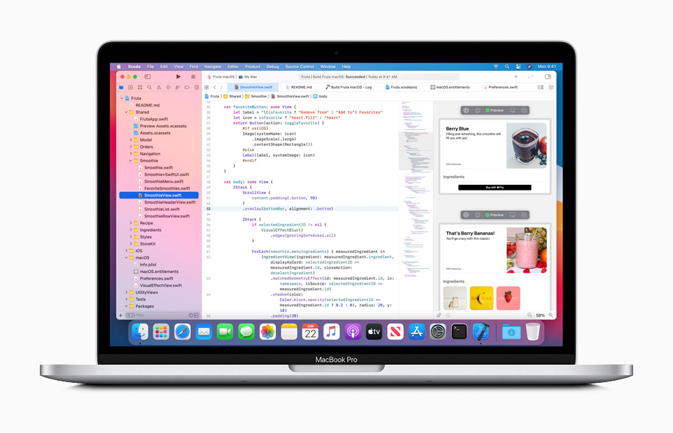 MacBook Pro’da Xcode proje ortamı görüntüleniyor.