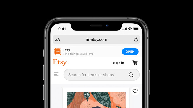 iPhone 11 Pro’da etsy.com’a ait bir App Clip. 
