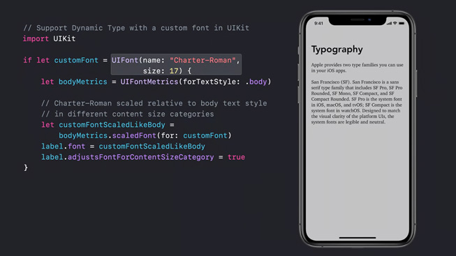 Ekranında tipografi dersi yer alan bir iPhone 11 Pro görselinin yanında kod satırları gösteriliyor. 