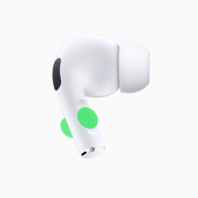 AirPods Pro의 음소거 컨트롤 기능을 확대한 이미지.