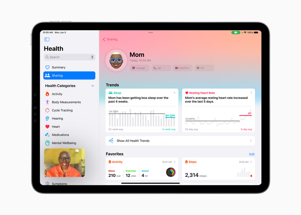 건강 앱을 통해 "엄마"의 데이터를 공유받는 모습을 보여주는 iPad Pro.