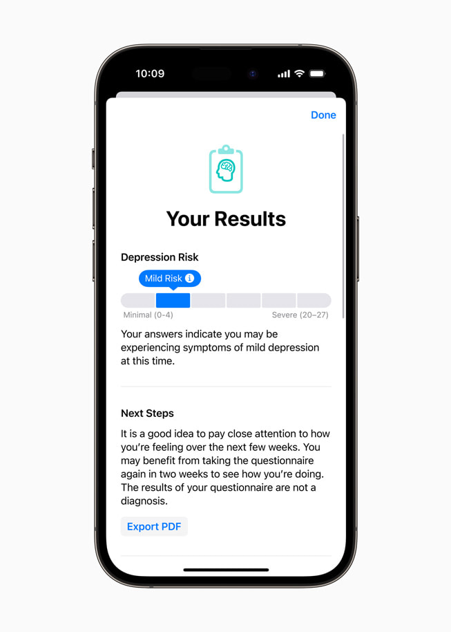 정신 건강 평가의 결과를 보여주는 iPhone 14 Pro.