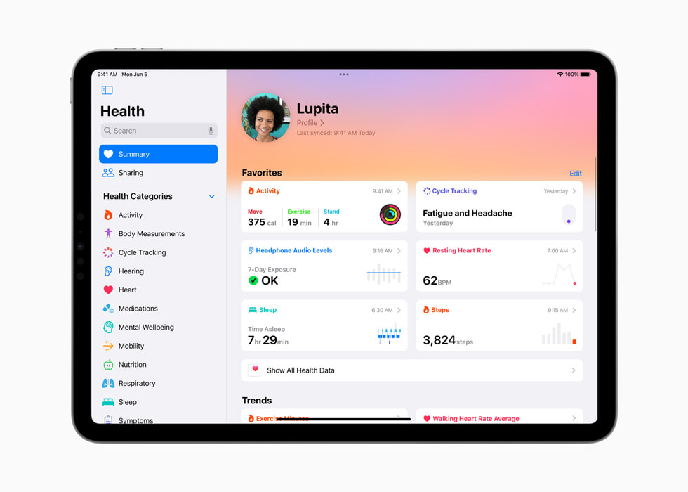 Un iPad Pro muestra un resumen de la app Salud.