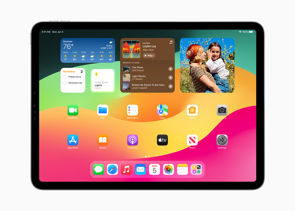 Un iPad Pro muestra widgets en la pantalla de inicio.