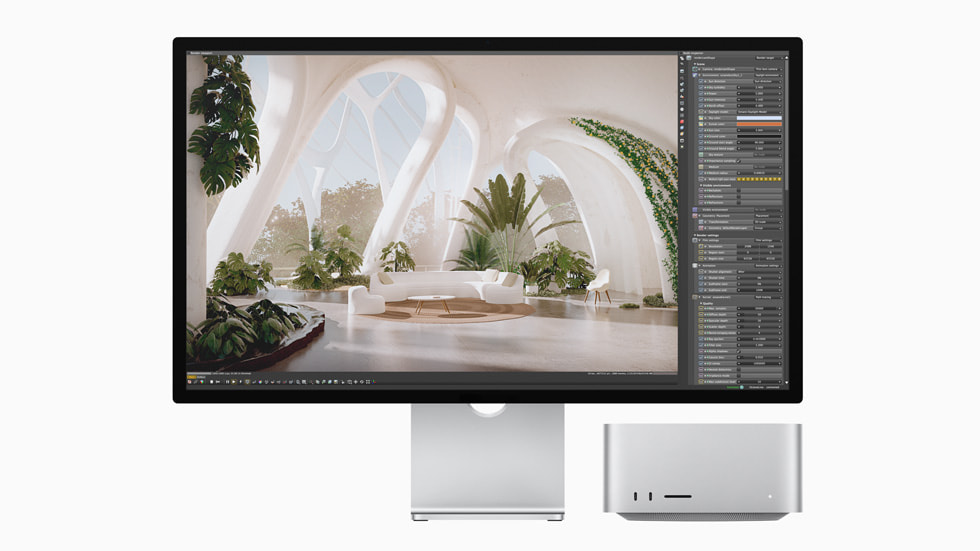 Octane으로 렌더링하는 모습을 보여주는 Mac Studio와 Mac Pro.