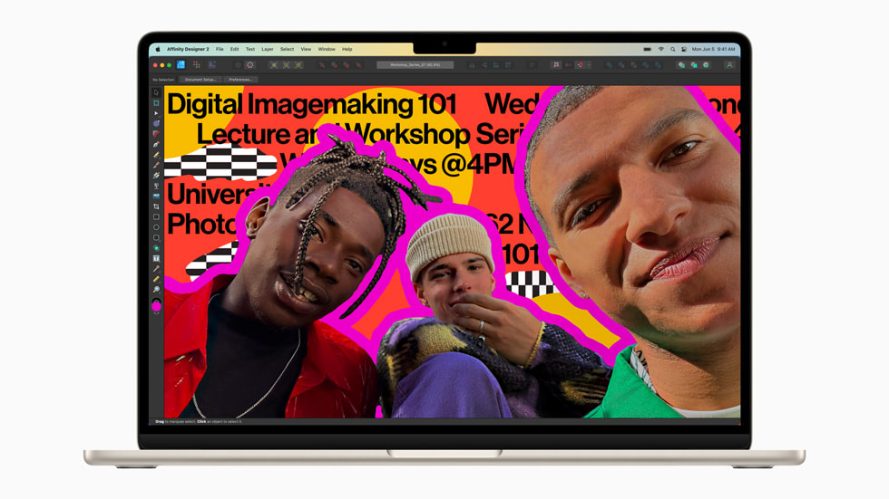 Na displeji 15palcového MacBooku Air v hvězdně bílé je vyobrazen projekt v softwaru Affinity Designer 2.