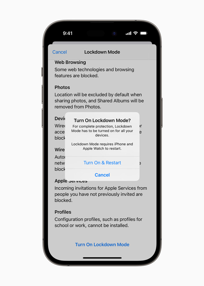 iPhone 14 Pro’da Kilit Modu’nu etkinleştirme istemi gösteriliyor.
