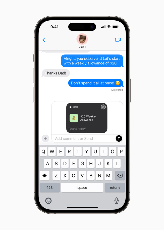 iPhone 14 Pro viser en melding om at USD 20 i ukepenger er sendt til Julie gjennom Apple Cash.