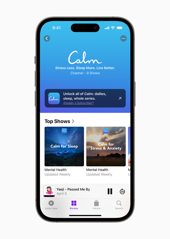 iPhone 14 Pro viser de mest strømmede programmene i Calm-appen.