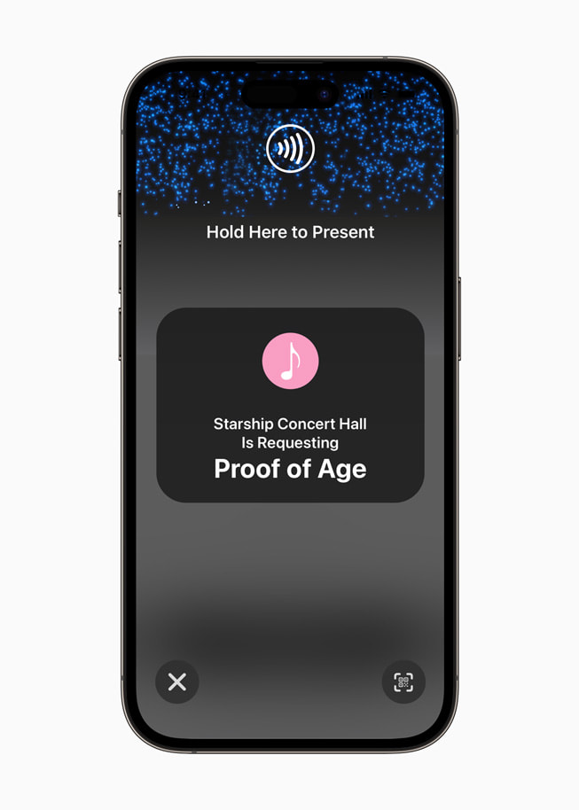 iPhone 14 Pro viser en forespørsel fra Starship Concert Hall om å vise legitimasjon.