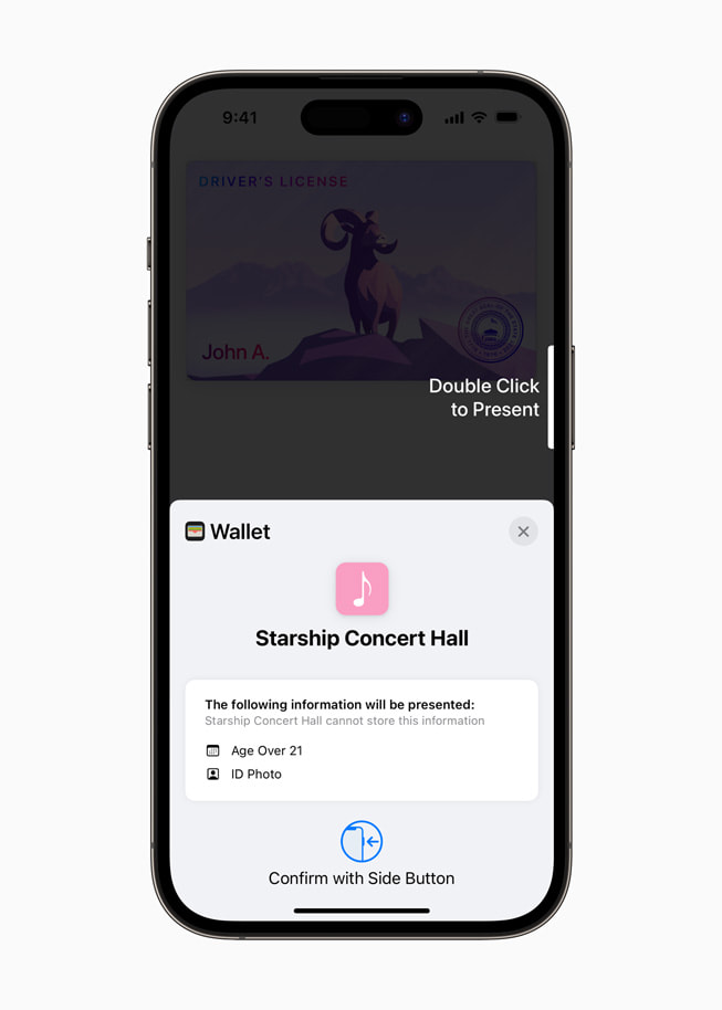 iPhone 14 Pro viser hva slags informasjon som deles med Starship Concert Hall, blant annet alder og ID-bilde.