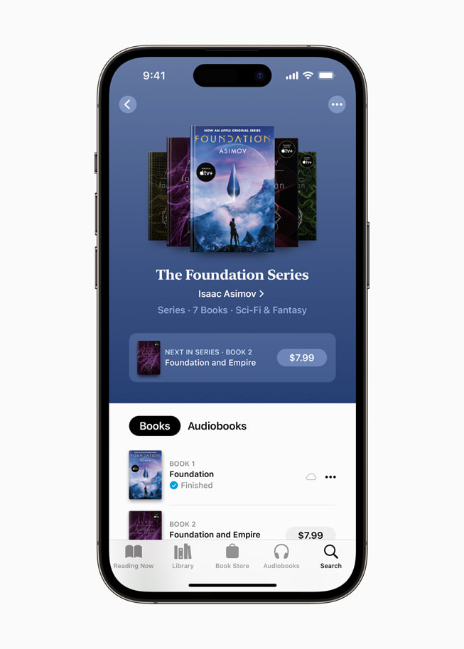 iPhone 14 Pro viser de tilgjengelige bøkene i The Foundation Series på Apple Books.