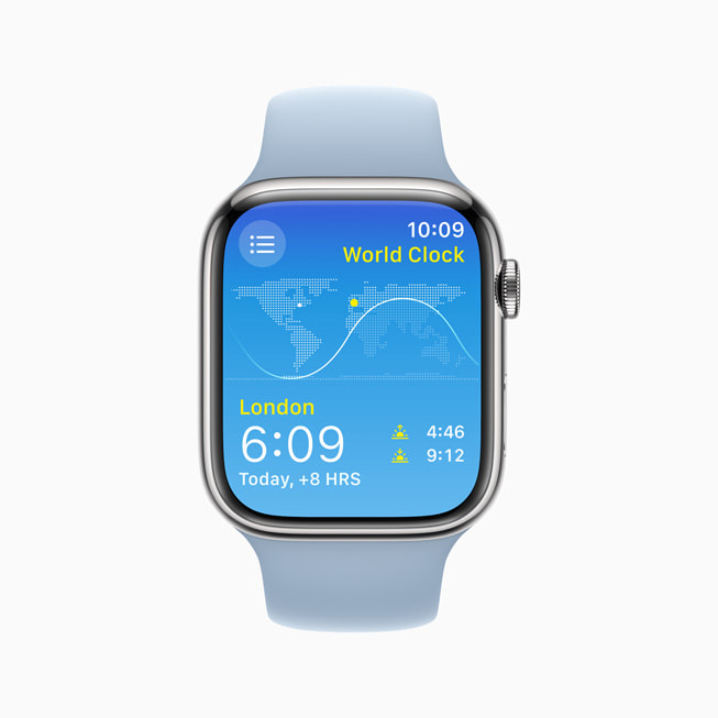 Apple Watch Series 8’de Dünya Saati uygulaması gösteriliyor.