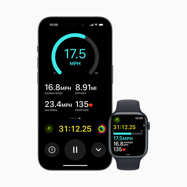 iPhone 14 Pro ve Apple Watch Series 8’de Bisiklet Sürme Hızı gösteriliyor.