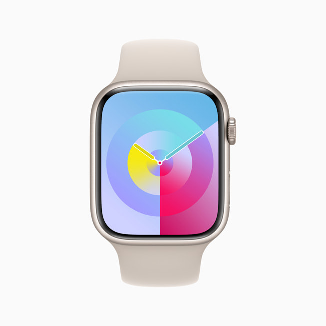 Apple Watch Series 8’de iris rengi yeni Palet saat kadranı gösteriliyor.