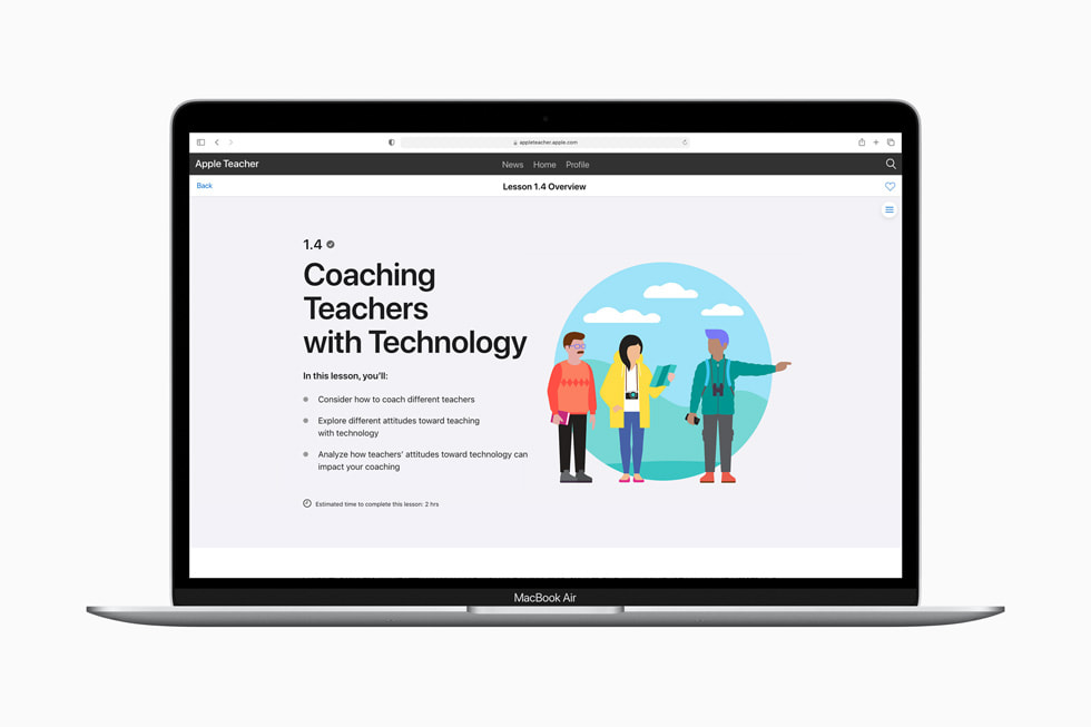 MacBook Air’de gösterilen, Apple Learning Coach’taki “Teknolojiyle Öğretmenlere Koçluk Yapma” etkinliğinin genel görünümü.