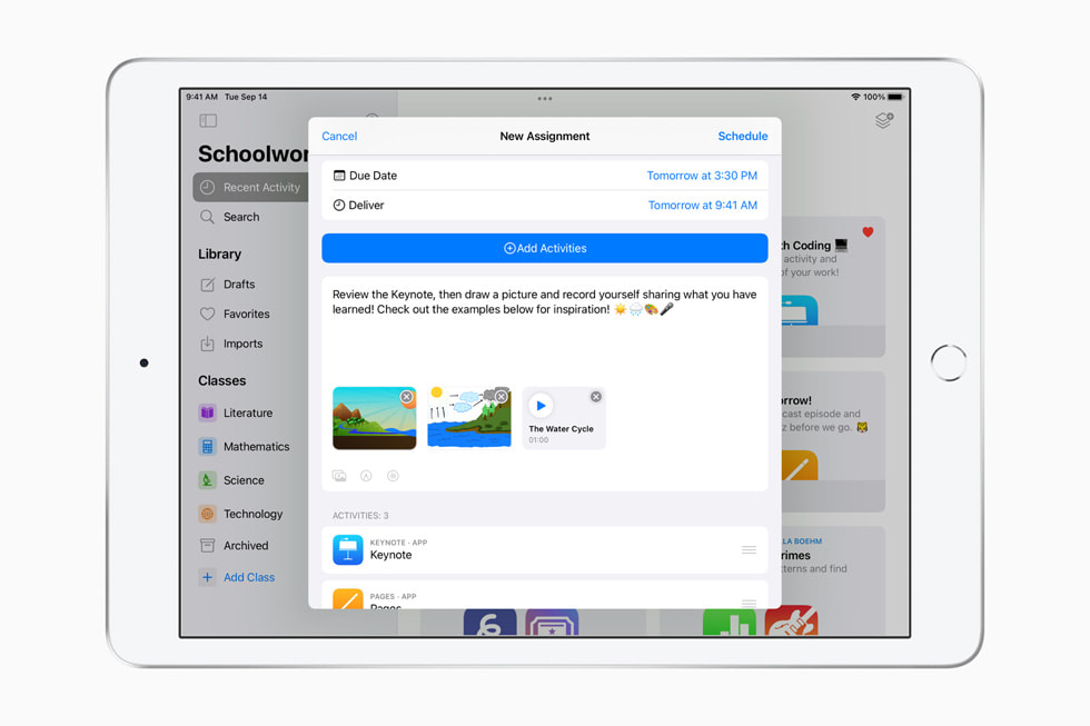 iPad’de gösterilen, Apple’ın Okul uygulamasındaki multimedya ekleme özelliği.