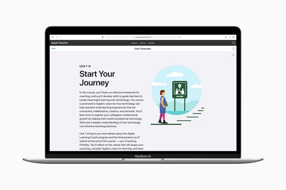 MacBook Air’de gösterilen, Apple Learning Coach’taki “Yolculuğunuza Başlayın” etkinliğinin genel görünümü.