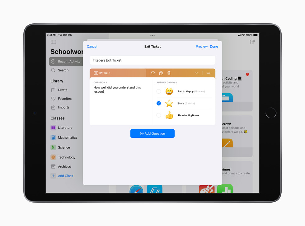 스쿨워크 앱에서 정수(整數)에 관한 상세한 출구티켓을 보여주는 iPad.